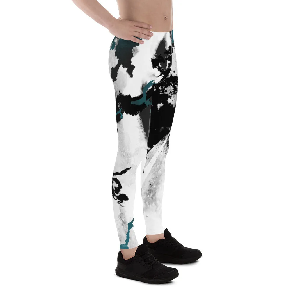 White Black Abstract Men's Leggings, Abstract Best Meggings Running Tights For Men-Made in USA/EU/MX