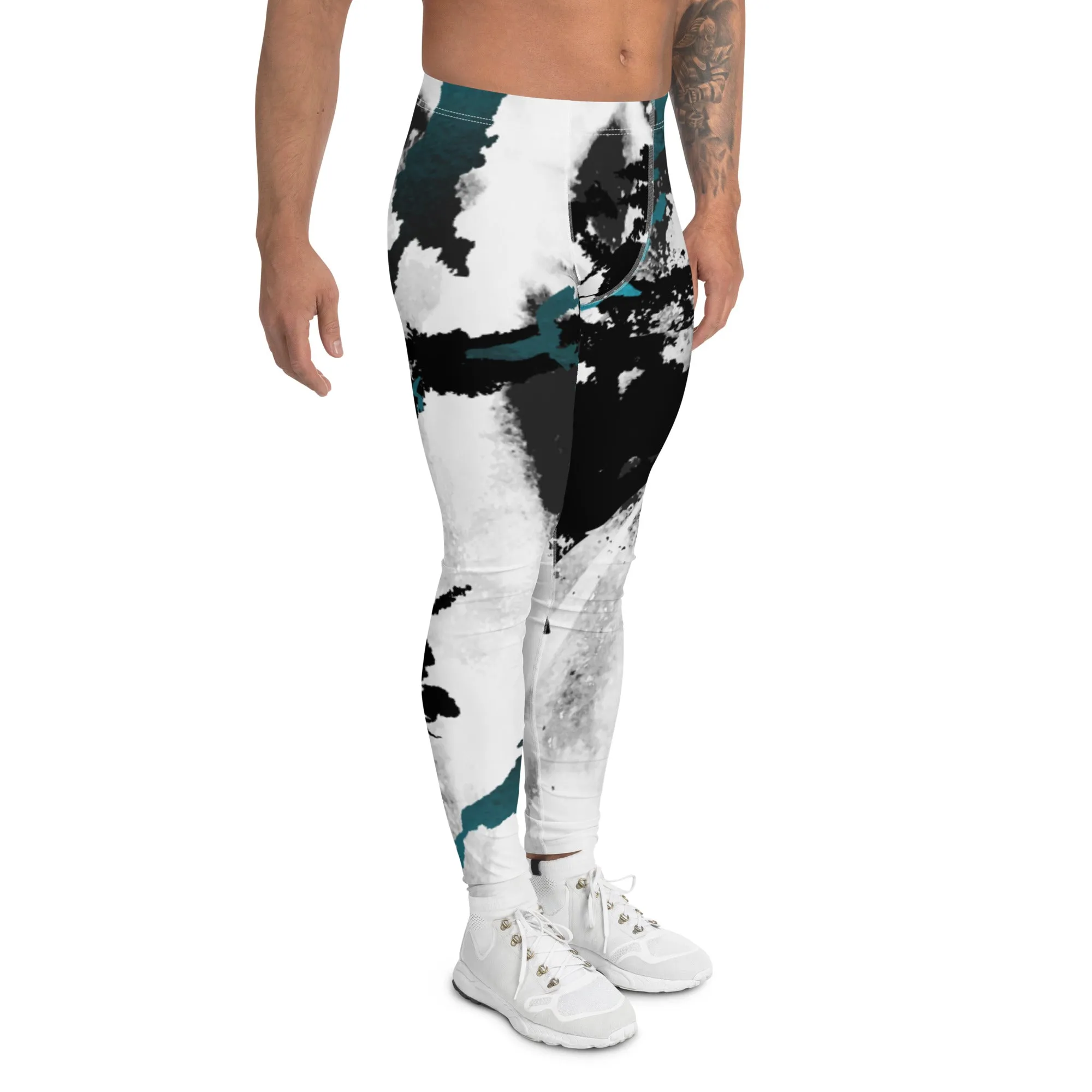 White Black Abstract Men's Leggings, Abstract Best Meggings Running Tights For Men-Made in USA/EU/MX