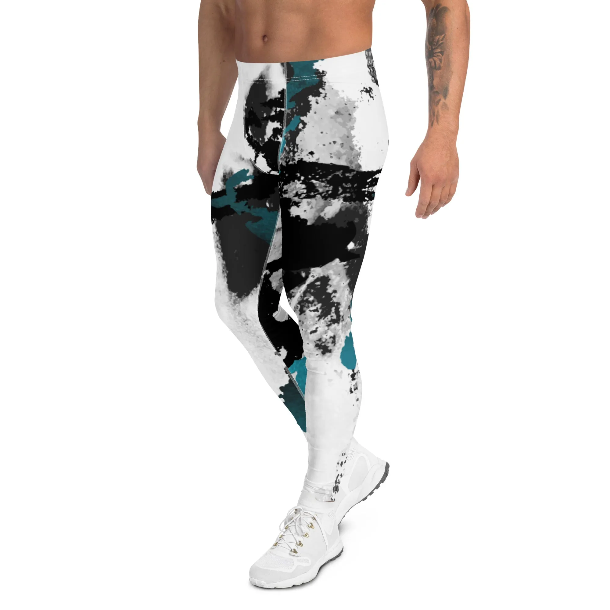 White Black Abstract Men's Leggings, Abstract Best Meggings Running Tights For Men-Made in USA/EU/MX