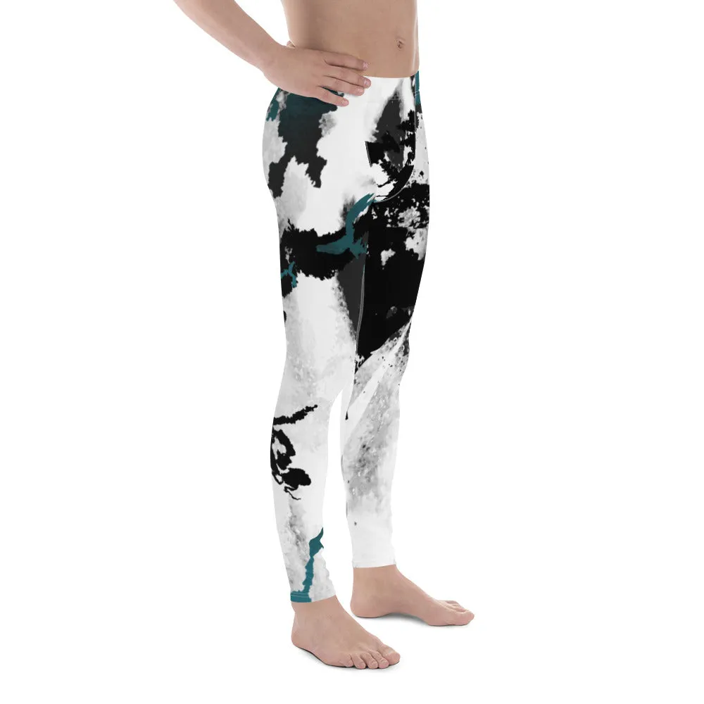 White Black Abstract Men's Leggings, Abstract Best Meggings Running Tights For Men-Made in USA/EU/MX