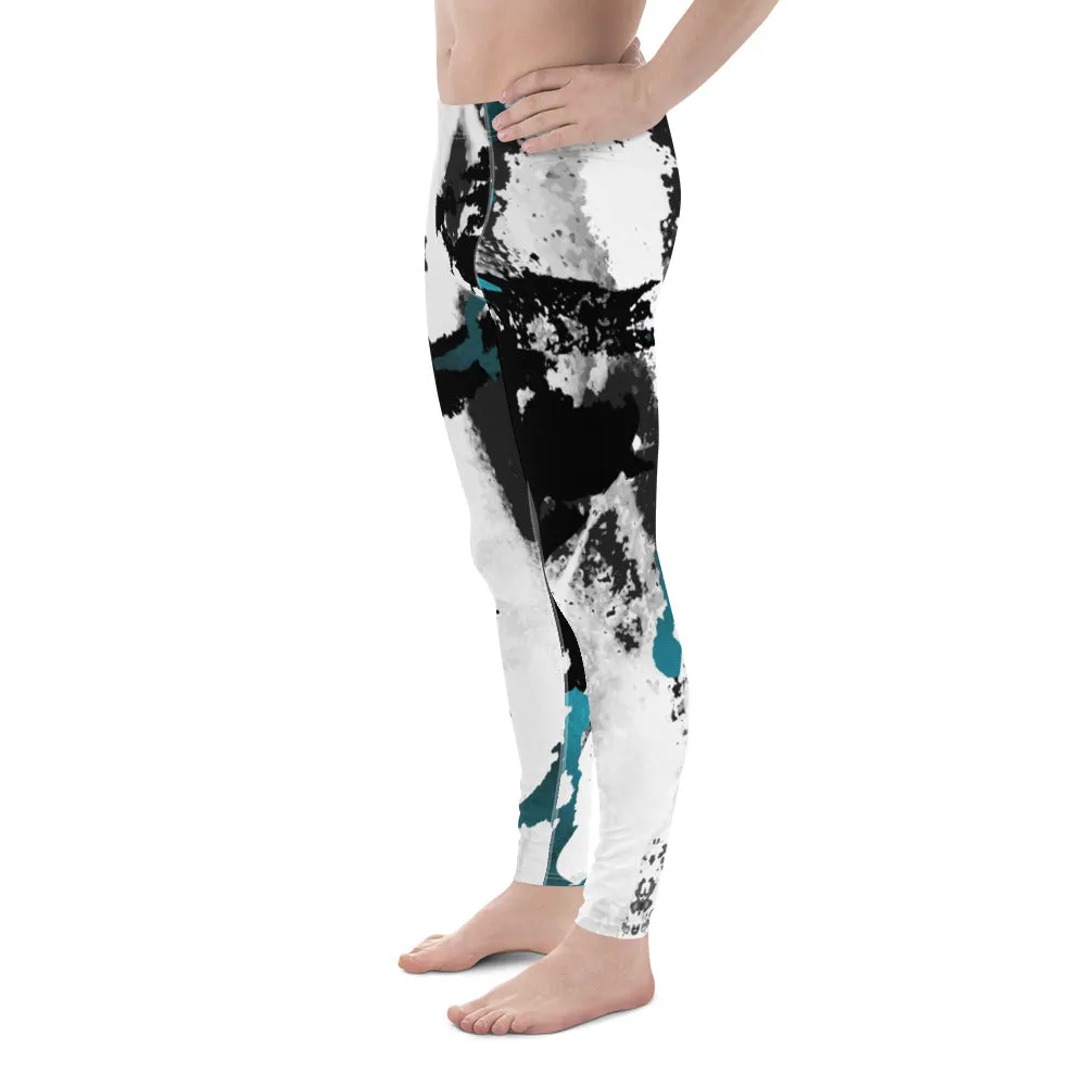 White Black Abstract Men's Leggings, Abstract Best Meggings Running Tights For Men-Made in USA/EU/MX