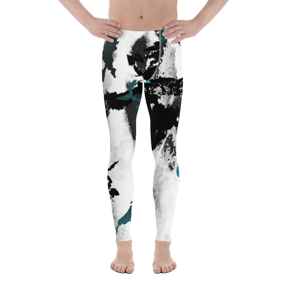 White Black Abstract Men's Leggings, Abstract Best Meggings Running Tights For Men-Made in USA/EU/MX