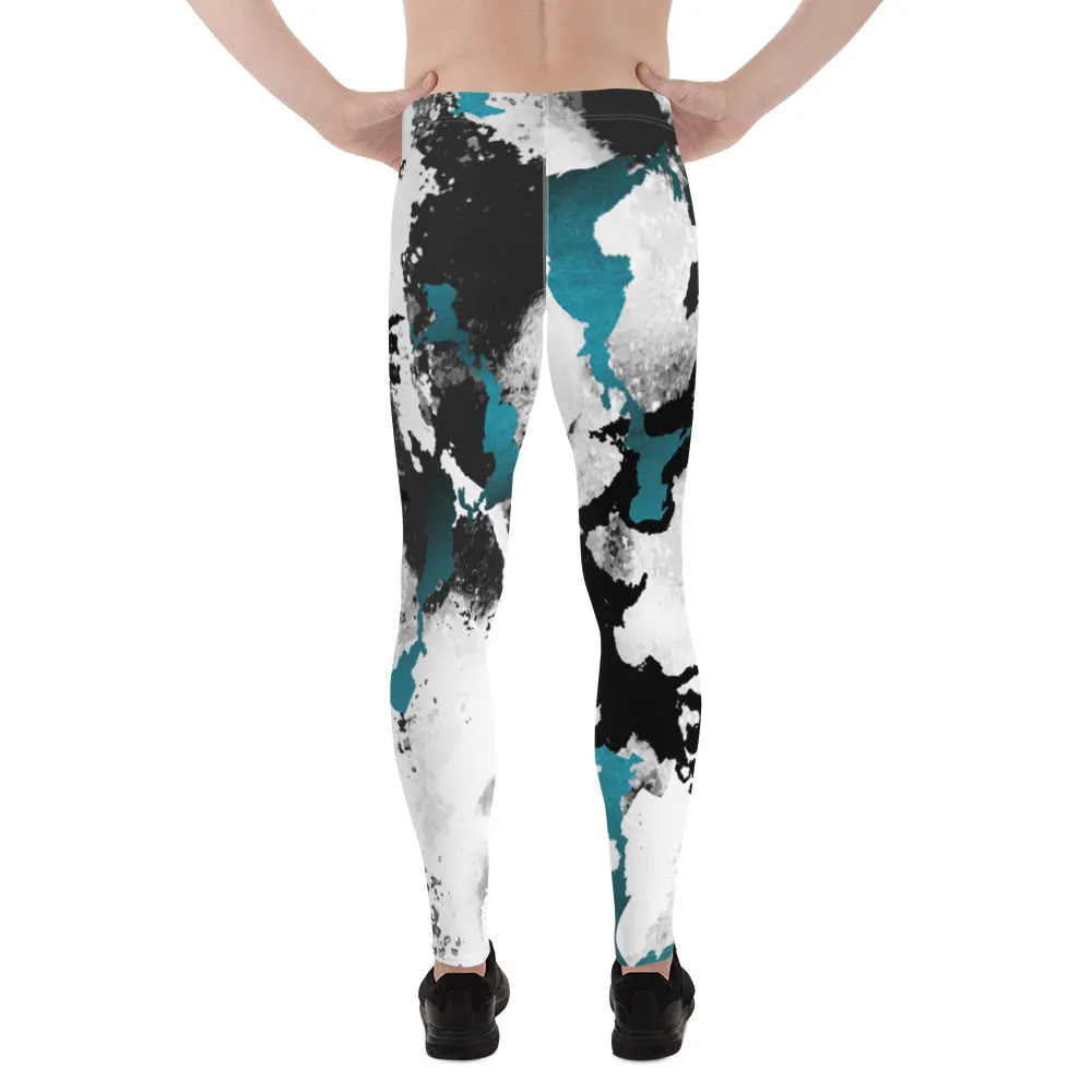 White Black Abstract Men's Leggings, Abstract Best Meggings Running Tights For Men-Made in USA/EU/MX