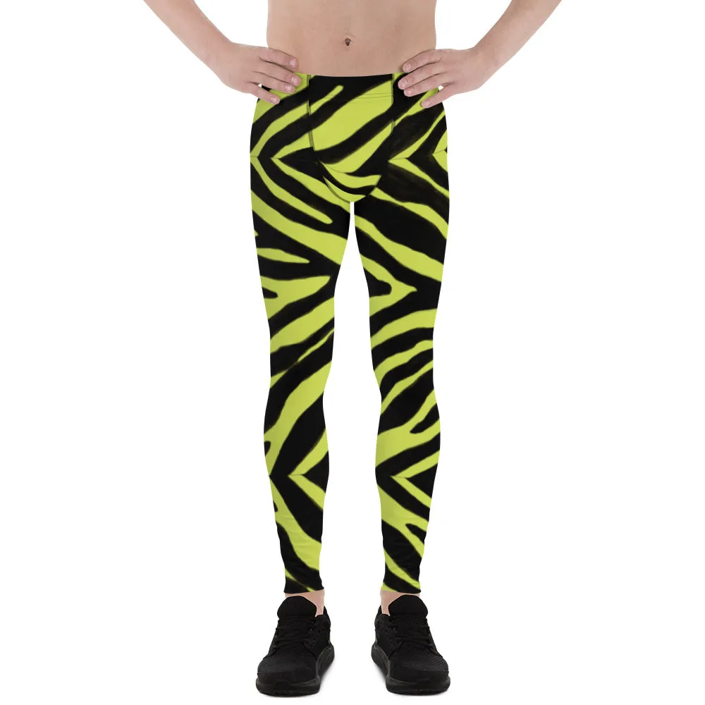 Yellow Zebra Print Men's Leggings, Zebra Striped Animal Print Designer Meggings Compression Tights For Men- Made in USA/EU