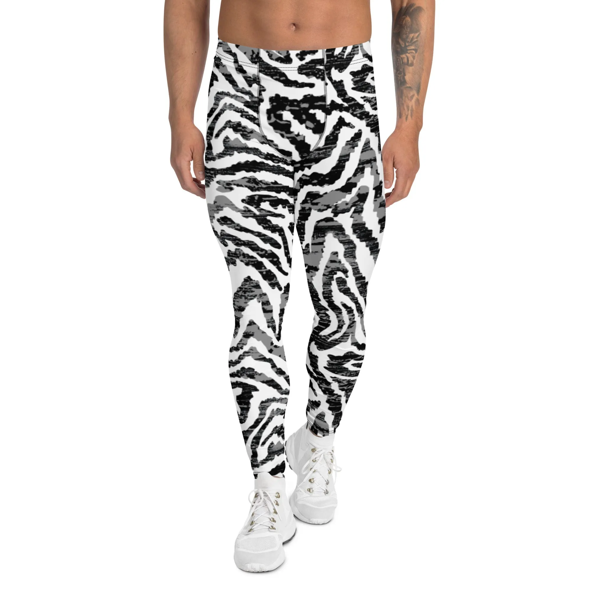 Zebra Animal Print Men's Leggings, Zebra Striped Print Designer Running Compression Tights For Men - Made in USA/EU/MX